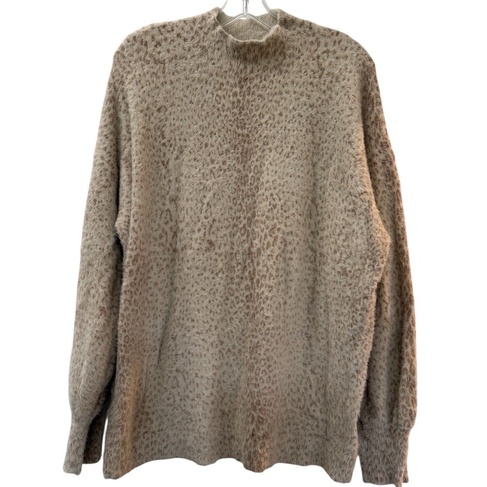 Chicos Fuzzy Eyelash Knit Sweater Animal Print Balloon Sleeve Pullover Size XL